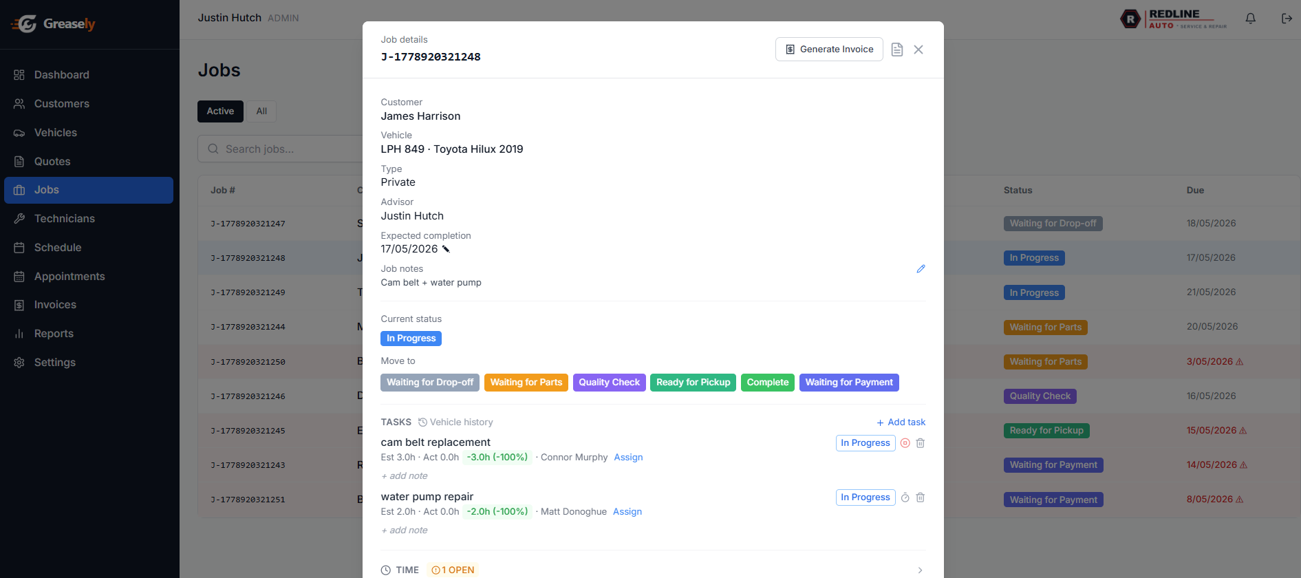 Greasely job detail — status pipeline, tasks and time tracking