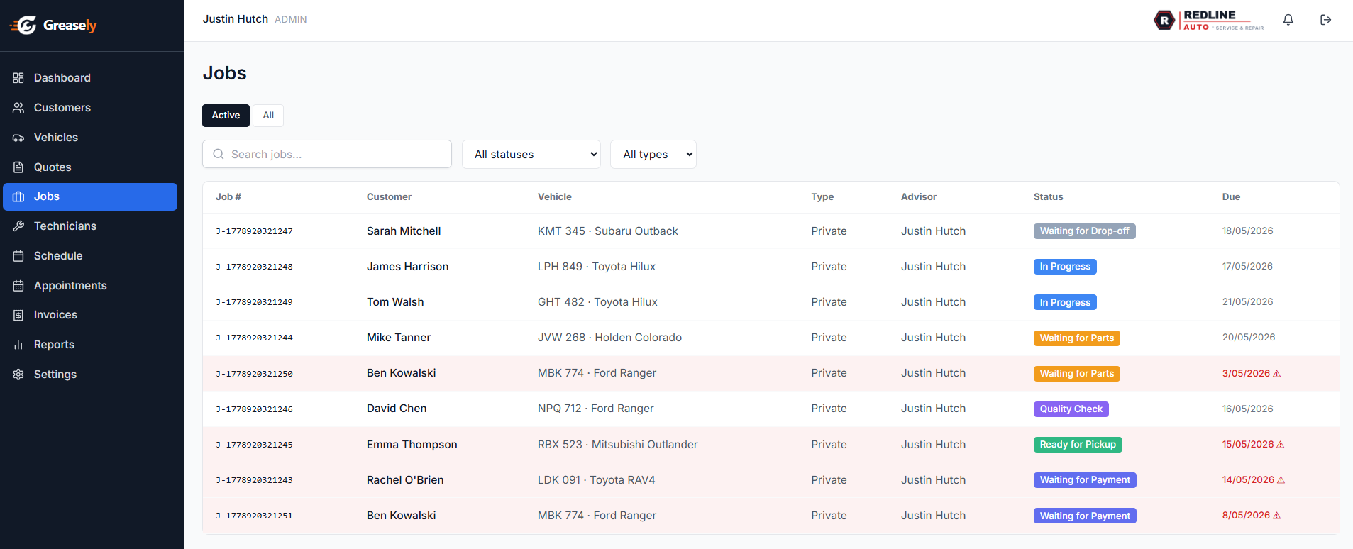 GreaselyHQ jobs list — your entire workshop on one screen, with live status badges and due dates