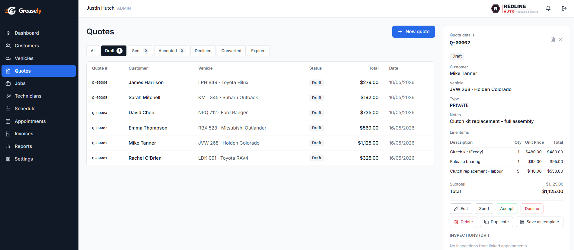 Greasely quotes list — from estimate to invoice, nothing falls through, with line items and totals
